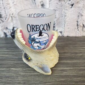 Oregon Open Mouth Gray Wolf Souvenir Frosted Shot Glass Coast Beach Pine Trees